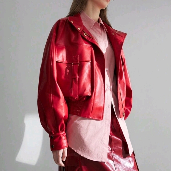 Women's 2025 Spring Apparel, Valentine's Day Collection, PU Puff Sleeve Jacket - Picture 1 of 7